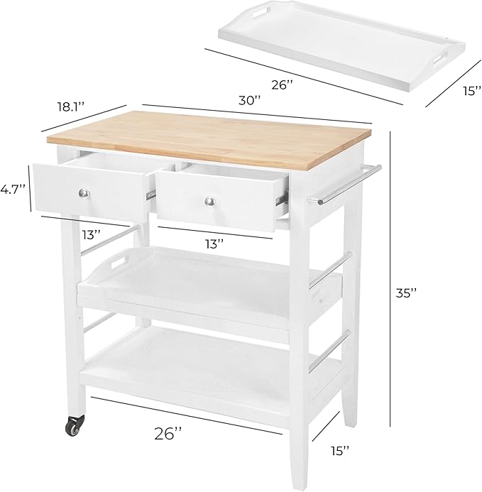 Rolling Kitchen Island Cart, White Kitchen Cart with Rubberwood Top, Ample Storage Drawers, Adjustable Shelves, Utility Cart with Wheels for Small Kitchens, 35” Height