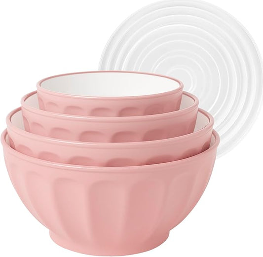 BoxedHome Mixing Bowls with Lids Set, 4PK Large 0.2” Thick Plastic Nesting Mixing Bowl, Microwave Safe,Size 1.37,2.32,3.8 and 5.07qt, Pink