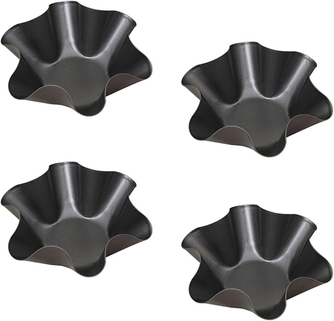 Ragyzity Tortilla Pan Set - 4pcs Non-Stick Carbon Steel Taco Salad Bowl Makers Tortilla Shell Pans, Tostada Bake Taco Shells, Flower-shaped Baking Mold Kitchen(Black 4pcs) (16.5x 7.5x 6cm)