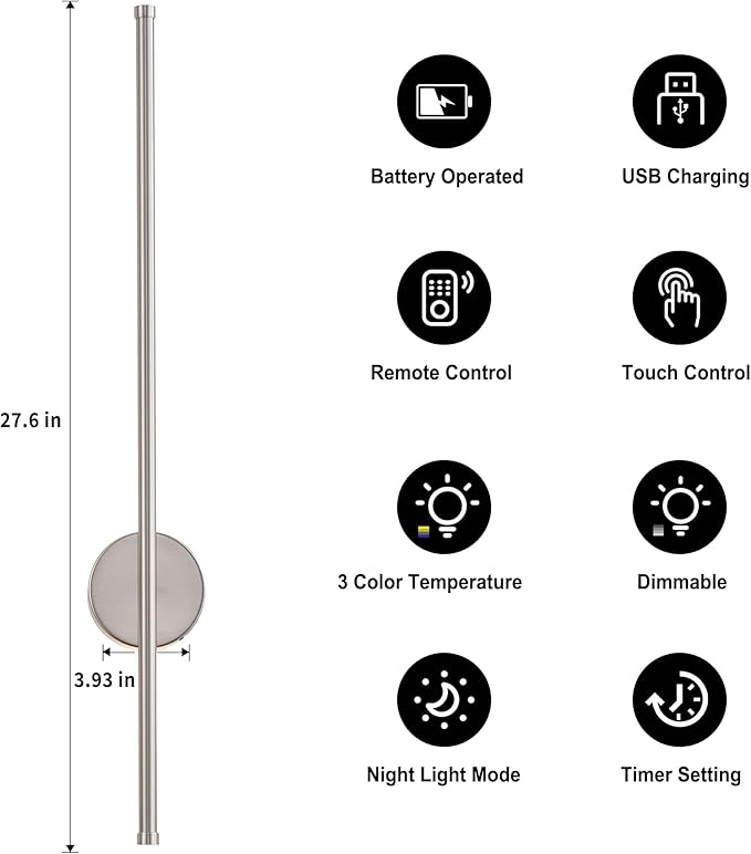 Battery Operated Modern Wall Sconces, Dimmable Wireless Wall Light Set of Two with Remote Control, 3 Color Temperatures, Rechargeable LED Wall Sconce for Bedroom, Living Room,Hallway, 27.6 Inch Nickel