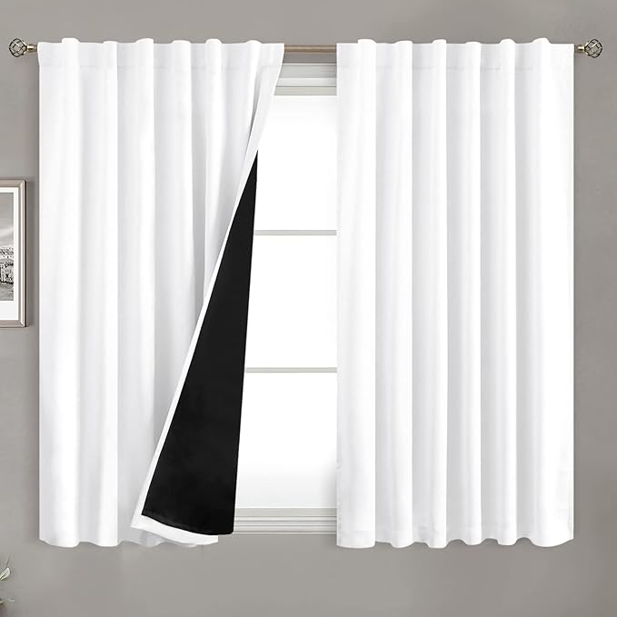 BGment 100% Blackout Curtains 54 Inches Long with Black Liner, Rod Pocket and Back Tab Double Layer Pure White Room Darkening Thermal Curtains for Window/Bedroom, 2 Panels, Each 52 x 54 Inch