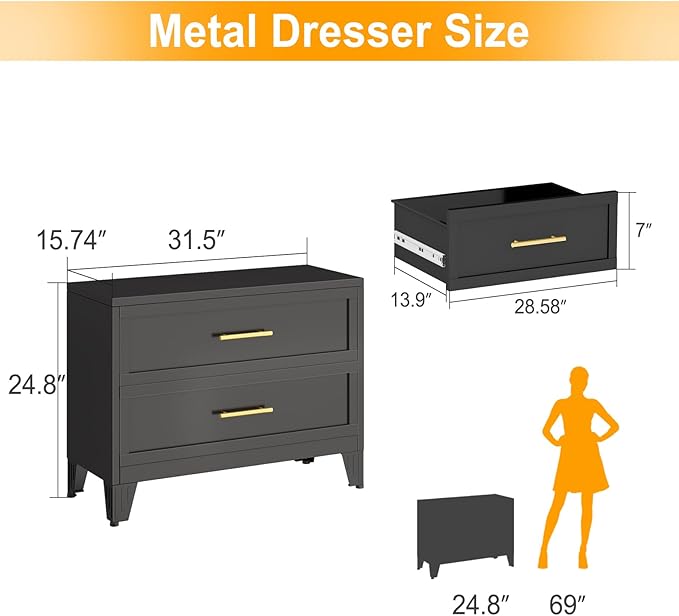Metal Dresser for Bedroom 2 Drawers Dresser Metal Storage Dressers Organizer,24.8" H Black Drawer Chest, Closet Organizers for Living Room, Hallway, Closet