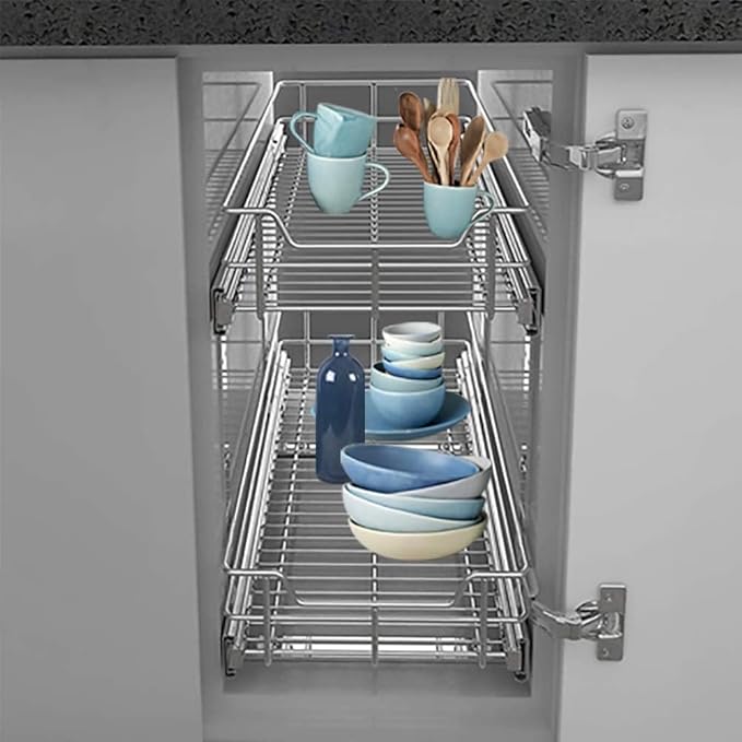 2 Tier Pull Out Cabinet Organizer 11" W X 22" D, Slide Out Drawers For Kitchen Cabinets, Pull Out Drawers For Cabinets Capacity Heavy Duty Caddy, Cabinet Pullout Shelves Chrome-Plated, Bathroom Pantry