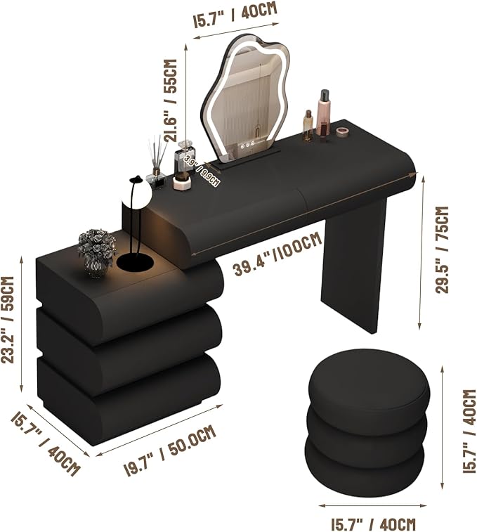 Makeup Vanity Desk with Mirror and Lights, Luxury Dressing Table with Free Retractable Side Cabinet, Microfibre Leather Wrapped Vanity Set with 5 Solid Wood Drawers, Stool-39.4in / Black