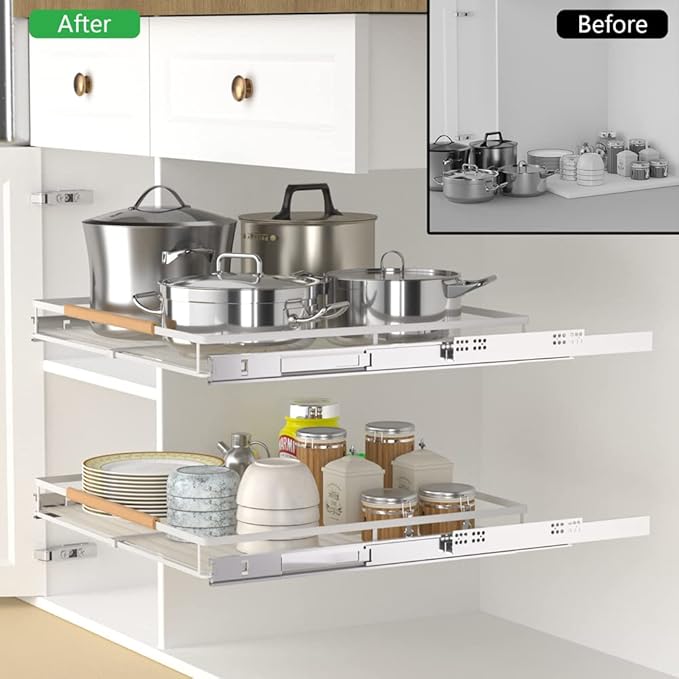 Expandable Sliding Basket Drawer, Pull-Out Cabinet Organizer, Heavy Duty Slide Out Pantry Shelves for Kitchen, Under Sink, Bathroom, Wardrobe, 22''D