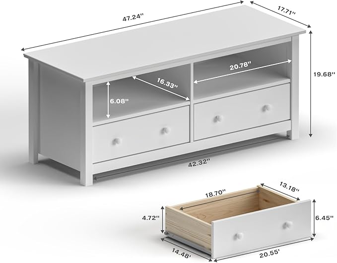 Handcrafted Solid Oak TV Stand Entertainment Center - Elegant White Media Console with Spacious Storage Drawers & Open Shelves - Sturdy Wood Cabinet Fits TVs up to 55 Inches