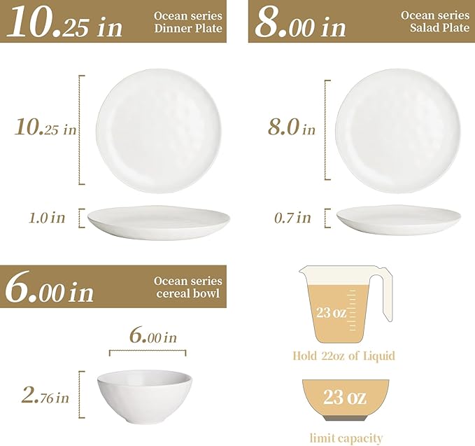 Famiware Dinnerware Sets for 4, Ocean Round 12-Piece Kitchen Plates and Bowls Sets, Microwave and Dishwasher Safe, Scratch Resistant, Matte White