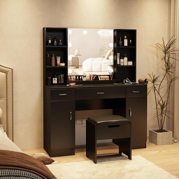 Vabches Vanity Desk with Lights and Mirror, Makeup Vanity Table with Charging Station, 45in Big Vanity Set with Lots of Storage Space, Black
