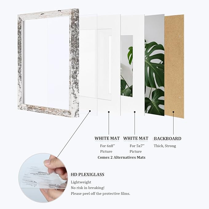 Egofine 9x12 Picture Frame Made of Solid Wood Rustic White Covered by Plexiglass, Wood Frame for Pictures 5x7/6x8 with Mat or 9x12 without Mat, Tabletop and Wall Mounting Display