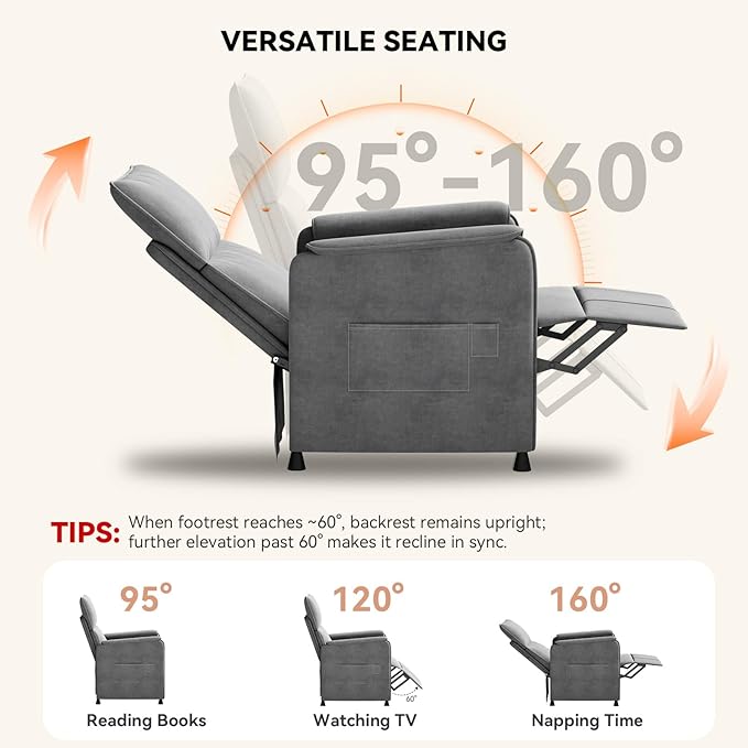 Recliner Chair，Electric Adjustable Flannelette Recliner with Remote Control and Padded Backrest,Home Theater Recliner Single Sofa Seat with Thick Seat Cushion for Living Room Bedroom (Grey)