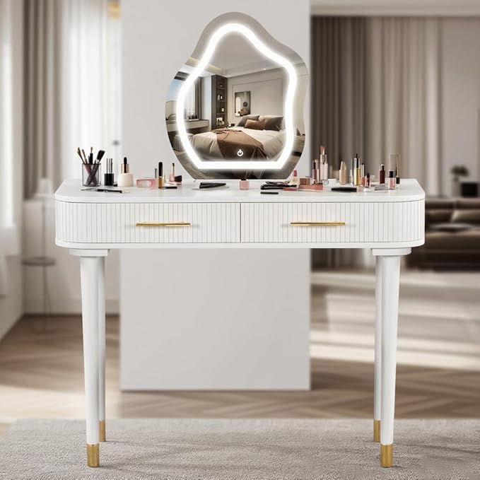 40" Modern Vanity Table Set with Mirror and Lights, Dressing Table and Cushioned Stool Set with 2 Large Drawers, Modern Makeup Table for Bedroom,Makeup Room