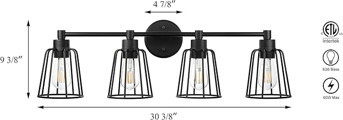 XiNBEi Lighting Farmhouse Vanity Light for Bathroom, 4 Light Industrial Bathroom Lighting Fixtures Over Mirror in Matte Black Finish, Vanity Lights with Cage Shade XB-W1287-4-MB