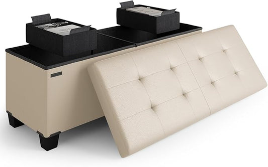 STORAGEBUD Storage Ottoman Bench with Bins, 43-in Storage Bench for Bedroom End of Bed, Folding Foot Rest Ottoman for Living Room Max 660lbs, Faux Leather Ottomans, Beige