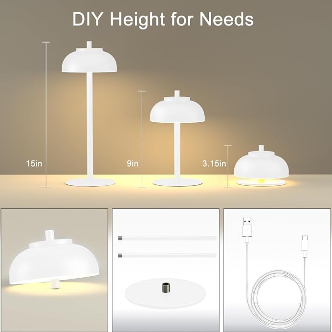 White Table Lamp Set of 2 Rechargeable,Table Lights Battery Operated-IP65 Waterproof-for Outdoor Patio/Restaurants/Home/Dinner/Table Lighting-Touch Control & Dimmable