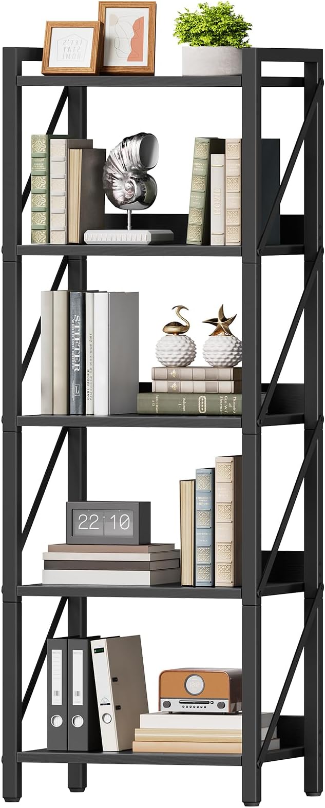 HOOBRO Bookshelf, 5-Tier Industrial Bookcase, Book Shelf Storage Organizer, Tall Bookshelf with Metal Frame for Living Room, Bedroom, Home Office, Kitchen, Black BB73SJ01