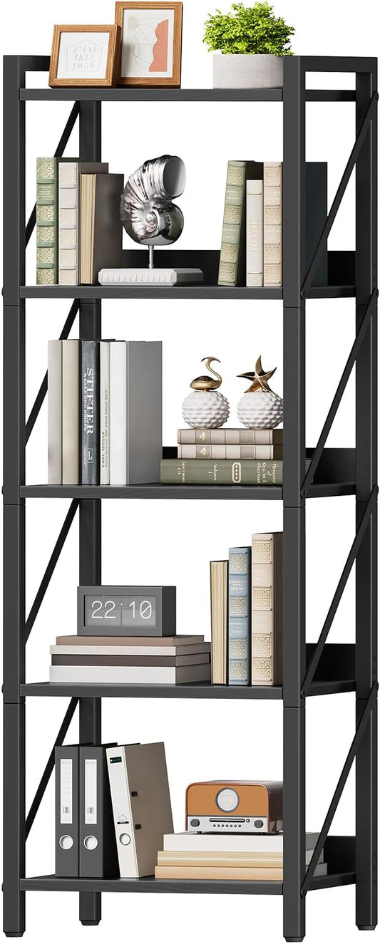 HOOBRO Bookshelf, 5-Tier Industrial Bookcase, Book Shelf Storage Organizer, Tall Bookshelf with Metal Frame for Living Room, Bedroom, Home Office, Kitchen, Black BB73SJ01