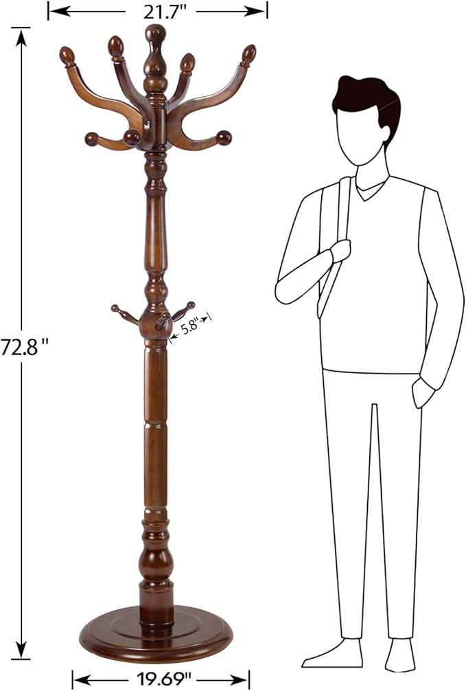 Wooden Coat Rack, Heavy Duty Coat Rack Freestanding with 11 Smooth Hooks, Coat Tree, Vintage Clothes Hanger Stand with Stable Disc Base for Bedroom, Entryway, Office-Load 180lbs (Walnut Brown)