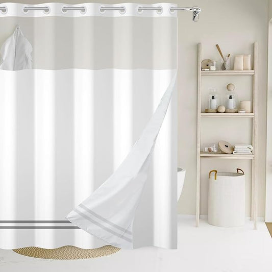 No Hook Shower Curtain with Snap in Liner, White and Gray Striped Heavy Duty See Through Window Waterproof Machine Washable Bathroom Curtain 71" W x 74" L (Pack of 1)