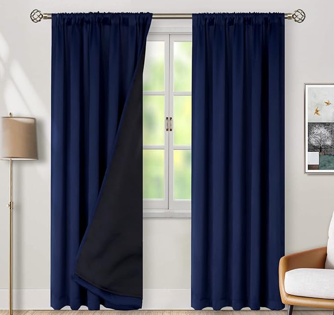 BGment Navy Blue 100% Blackout Curtains 84 Inches Long with Reducing Noise Liner, Rod Pocket and Back Tab Double Layer Full Room Darkening Window Curtain for Bedroom, 2 Panels, Each 52 x 84 Inch