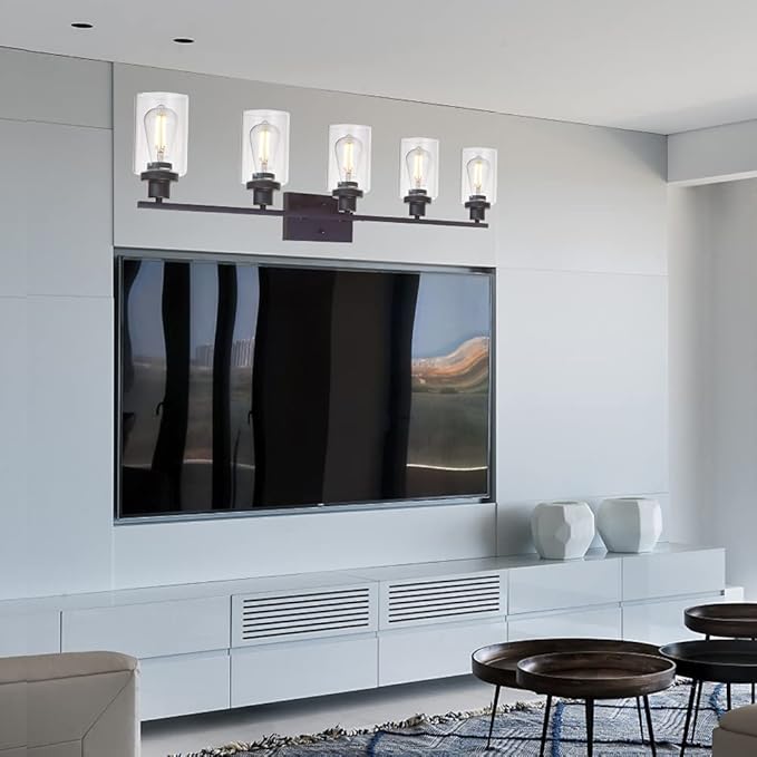 MELUCEE 5-Light Wall Light Fixtures Vanity Lights Bathroom Fixtures Oil Rubbed Bronze Finished with Clear Glass, Industrial Wall Sconce for Bedroom Hallway Kitchen (Patent No.: US D963914 S)