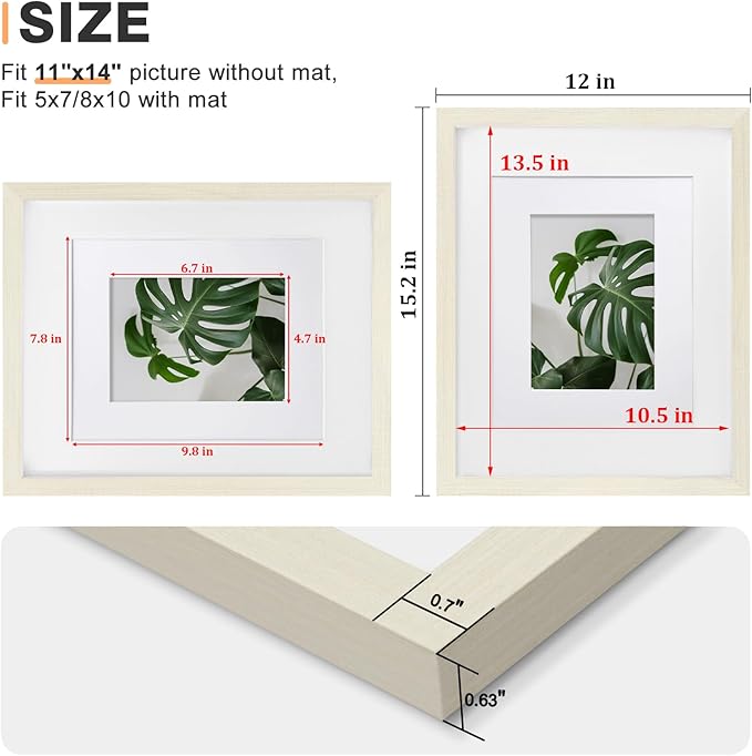 Egofine 11x14 Picture Frame Made of Solid Wood with Plexiglass, Display Pictures 5x7/8x10 with Mat or 11x14 Without Mat for Tabletop and Wall Mounting, Beige