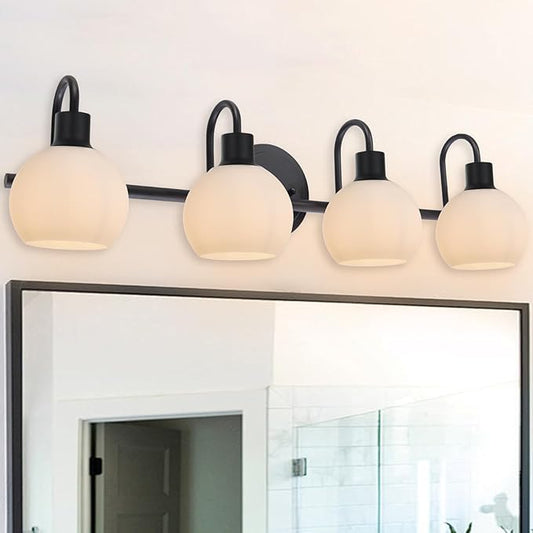 4-Light Vanity Light Fixtures, Black Bathroom Lighting Fixtures with Milk White Globe Glass Shade, Wall Mounted Lamp for Kitchen Over Mirror Bath Living Room