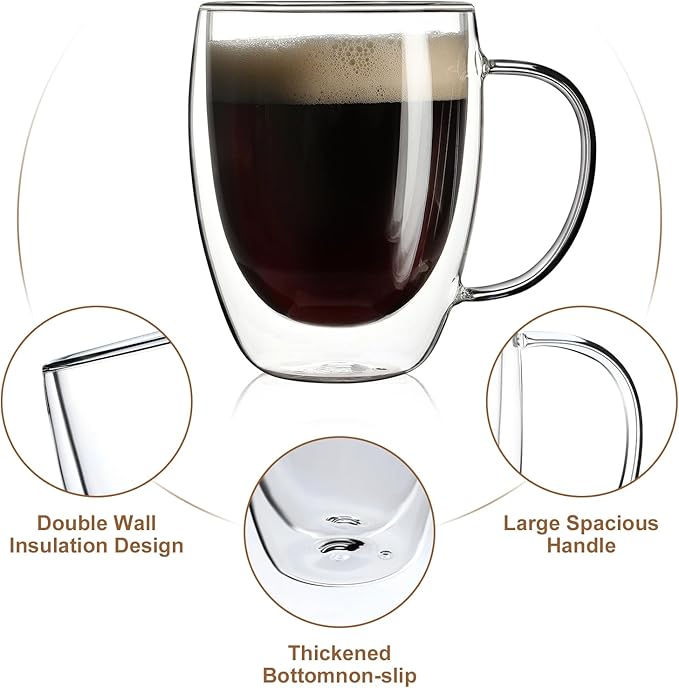 Aurzen 4 Pack Double Walled Glass Coffee Mugs with Handles, Large Insulated Layer Coffee Cups, Clear Borosilicate Mugs, Perfect for Cappuccino, Tea, Microwave Safe (12oz-4Pack)