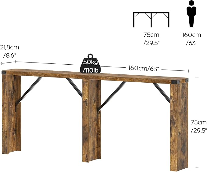 Console Table, 63" Long Behind Couch Sofa Table, Entryway Table, Farmhouse Console Table for Narrow Spaces, Hallway, Living Room, Rustic Brown CT30BR