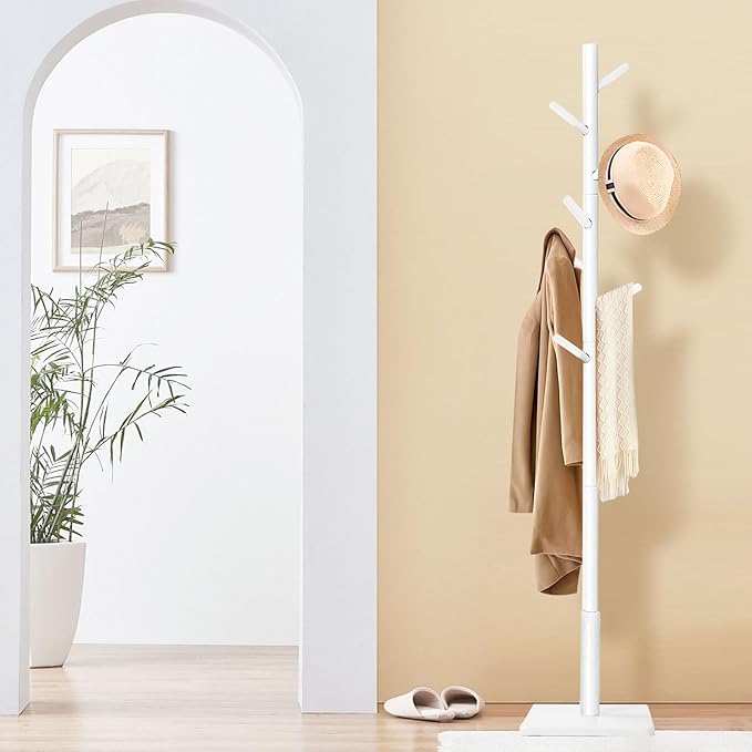 Coat Rack Freestanding with Stable Square Base for Cloathes, Hat, Used in Bedroom, Office and Entryway, Sturdy and Easy Assembly Coat Tree with 3 Adjustable Sizes and 8 Hooks, White