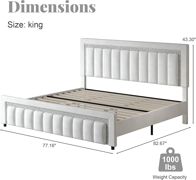 HOMBCK King Size Bed Frame with Diamond Velvet Headboard, Upholstered Bed Frame King with Wooden Slats Support, No Box Spring Needed, Noise Free, Easy Assembly, White