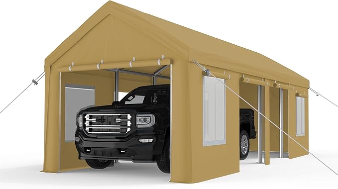 13x25ft Carport, Heavy Duty Carport with Reinforced Steel Poles, Upgraded Portable Garage with Doors & Window, UV Resistant All-Season Waterproof Tarp, for Car, Truck, Boat (Yellow)