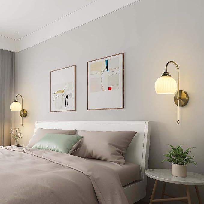 KCO Lighting Gold White Cordless Wall Sconces Mid Century Modern Bedroom Sconces Set of 2 Milk Glass Wall Lamps Antique Brass Wall Light Set of Two Retro Bathroom Vanity Light Fixtures