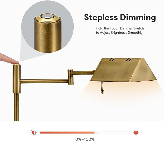 VONLUCE Dimmable LED Floor Lamp, 56" Floor Lamp for Living Room with Adjustable Height Swing Arms 3 Color Temperatures, Industrial Standing Pole Lamp for Bedroom Reading, Antique Brass