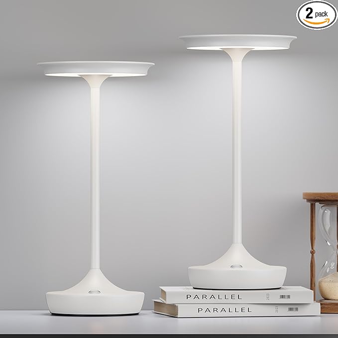 2 Pack LED Rechargeable Cordless Table Lamps, Portable Outdoor Battery Operated Table Light 3 Color Stepless Dimming Table Lamp with Memory Function for Patio Restaurant Dining Room White