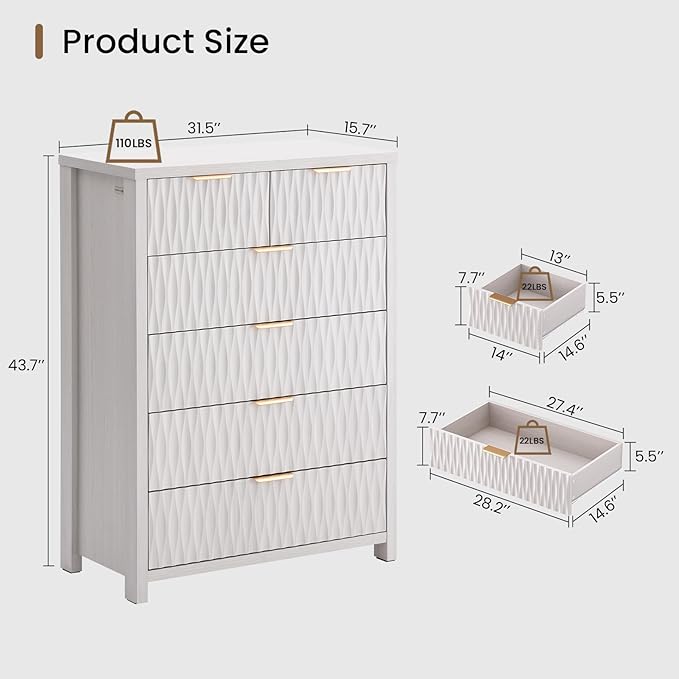 6 Drawers Dresser, 43.7" Tall Drawers for Bedroom, Extra-Thick Tabletop & Frame, Modern Chest of Wood Drawer Organizer for Bedroom, Living Room, Hallway, Closet, Beigewhite