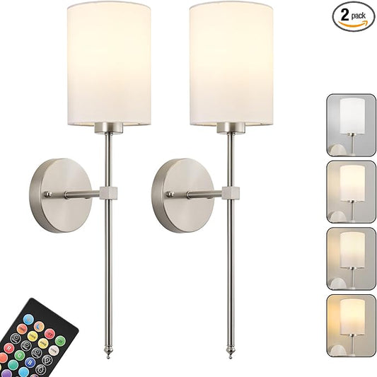 Battery Operated Wall Sconce Set of Two,Wireless Rechargeable Wall Light With Remote Control, Dimmable, 1800K/3000K/4000K/6000K/RGB, Timer, for Living Room, Bedroom, Fireplace, TV, 26.8 Inch, Nickel