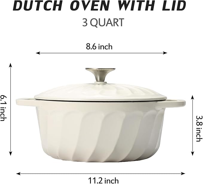 Enameled Cast Iron Dutch Oven with Lid, 3 QT Cast Iron Dutch Oven Pot, Heavy Duty Cast Iron Pot for Bread Baking, Cook, Bake, Oven Safe across All Cooktops (White,3 QT)