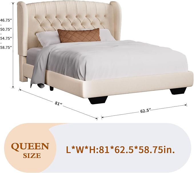 Rosevera Upholstered Queen Bed Frame with Adjustable Tufted Headboard,Classic Solid Wood Bed Frame with Wingback Headboard for Bedroom,Beige (Beige, Queen (U.S. Standard))
