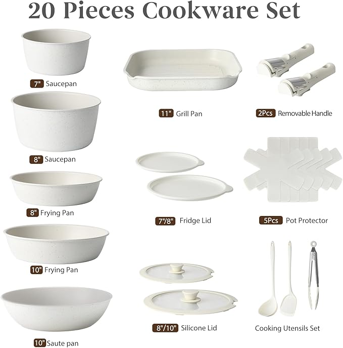 20 Pcs Pots and Pans Set Non Stick, Ceramic Cookware Set Detachable Handle, RV Kitchen Cooking Set Removeable Handles, Oven Safe, Induction Ready, Stackable Non-stick, Cream White