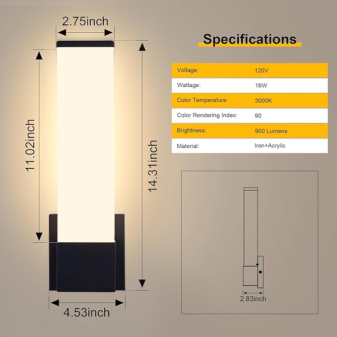 Kalium 14in Modern Wall Sconces, Dimmable Bathroom Vanity Lights, 3000K Warm White LED Indoor Sconces Lighting for Bathroom, Stairs, Living Room, Bedroom. Hardwired.