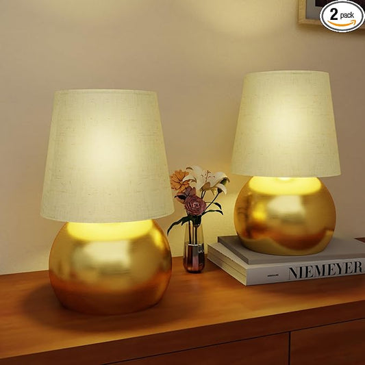 Set of 2 Small Gold Spherical Base Bedside Table Lamp with Textured Linen Shade (Bulb Included)