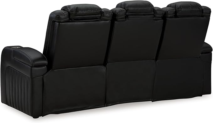 Signature Design by Ashley Caveman Den Modern Faux Leather Power Reclining Sofa with Adjustable Headrest, Drop Down Table, Electrical Outlets and LED Reading Lights, Black