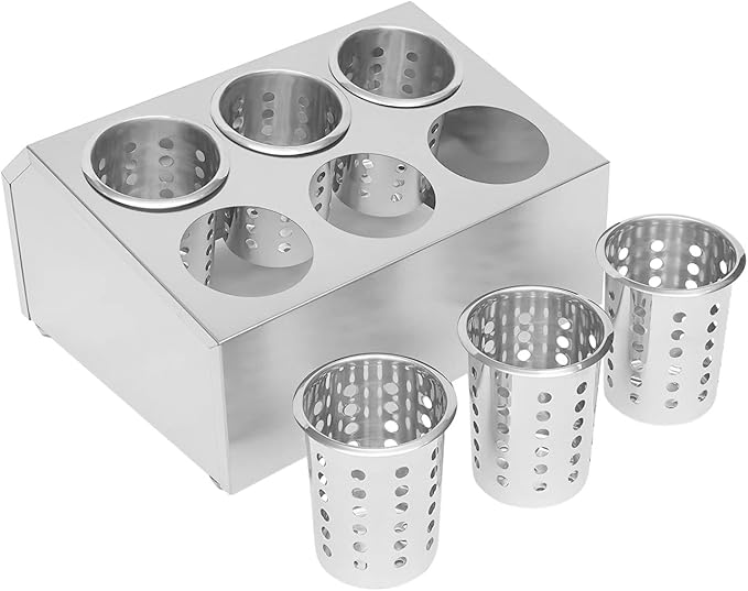 DYNAMI 6-Compartment Stainless Steel Utensil Holder,Commercial Perforated Silverware Holder,Cylinder Silverware Utensil Holder Flatware Organizer Countertop,for Restaurant Kitchen(6-Compartment)