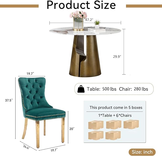 7-Piece Faux Marble Round Dining Table Set for 6, Modern Luxury Kitchen Table Set for 6 with Green Tufted Chairs,Circle Dining Tables with Pandora Grain Top and Bronze Pedestal Base
