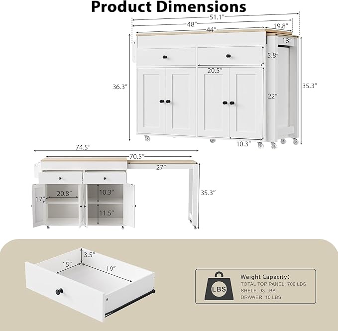 74.5" Rolling Kitchen Island on Wheels with Extendable Dining Table, Storage Cart with 2 Drawers, 4 Door Cabinet, Spice Rack for Kitchen, Dining Room, White