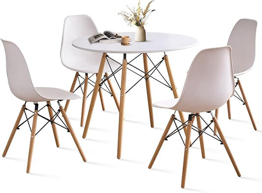 35.5'' 5 Piece Round Dining Table Set for 4, Mid-Century Modern Table with Chairs, Space Saving, Plastic Seats, Wood Legs, Circle Dinner Table for Kitchen, Home, Apartment, White