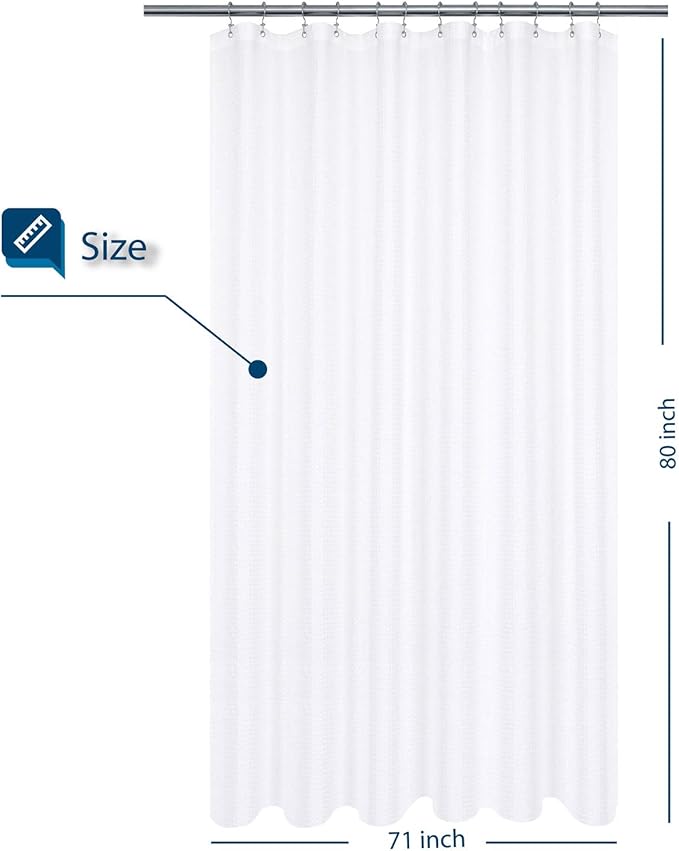 Long Shower Curtain with 80 inch Height, Fabric, Waffle Weave, Hotel Luxury Spa, Water Repellent, Machine Washable, 230 GSM Heavy Duty, White Pique Pattern Decorative Bathroom Curtain