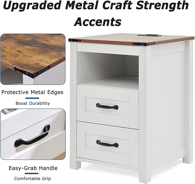 Farmhouse Night Stand Set of 2, Rustic White Nightstand for Bedroom, End Tables with Charging Station, Bedside Table with Drawers, Wood Bedside Cabinet Dresser