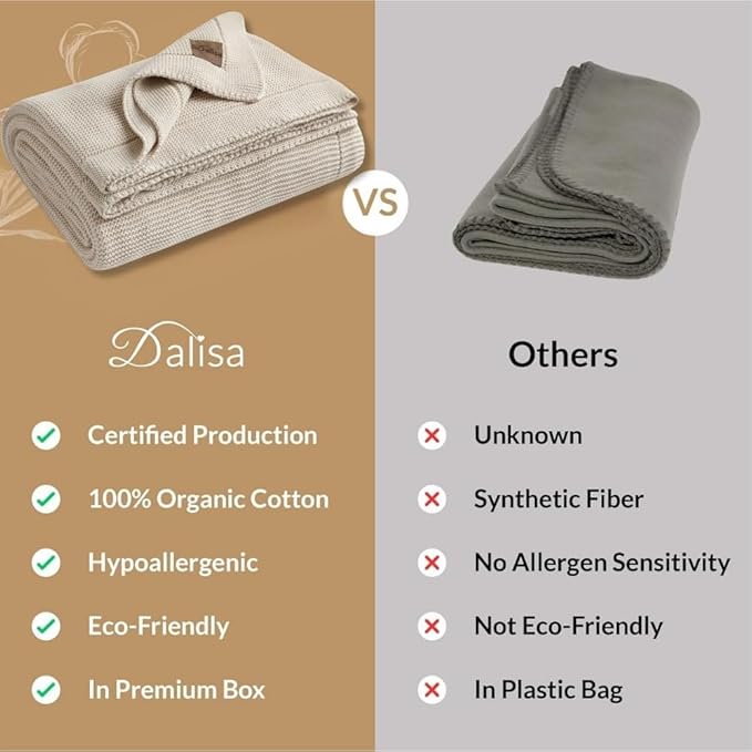 Dalisa 100% Organic Turkish Cotton Throw Blanket - GOTS Certified, Cozy - Perfect for Couch, Bed, and Home Decor - Boho Vintage Knit Alina (Birch, 50x60)