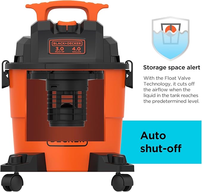 BLACK+DECKER Shop Vacuum Wet and Dry, 4 Gallon 3-in-1 Portable Shop Vac with Accessories, Workshop, Garage, Home and Car Vacuum Cleaner, 3 HP(BDXV18301P-4A)